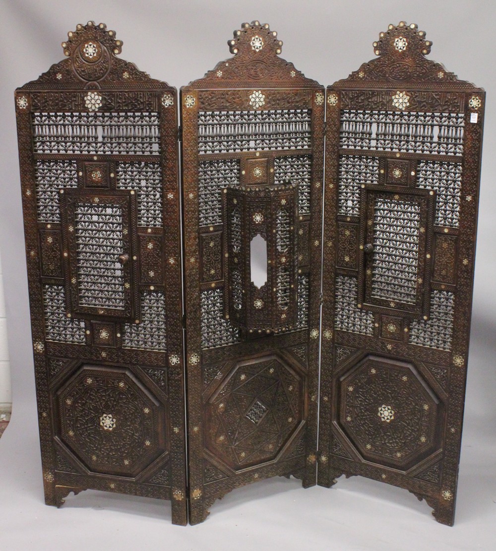 A VERY FINE 19TH CENTURY SYRIAN MOTHER OF PEARL INLAID WOODEN THREE-PANEL SCREEN, with three
