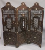 A VERY FINE 19TH CENTURY SYRIAN MOTHER OF PEARL INLAID WOODEN THREE-PANEL SCREEN, with three