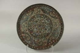 A FINE LARGE 18TH-19TH CENTURY MUGHAL INDIAN ENAMELLED COPPER TRAY, with floral and fish decoration,