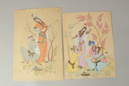 TWO SIGNED 19TH-20TH CENTURY PERSIAN MINIATURE PAINTINGS, depicting figures dancing and drinking,
