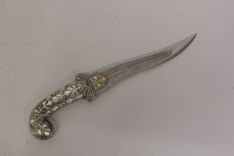 A FINE 19TH-20TH INDIAN SILVER AND GOLD OVERLAID DAGGER, 36.5cm long.