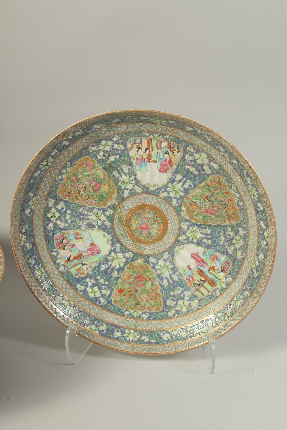 A VERY LARGE CHINESE BLUE GROUND FAMILLE ROSE PORCELAIN PUNCH BOWL AND UNDER-PLATE, enamel painted - Image 3 of 6