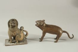 A 19TH CENTURY INDIAN BRONZE FIGURE OF A MYTHICAL CREATURE, together with a bronze rat, (2).