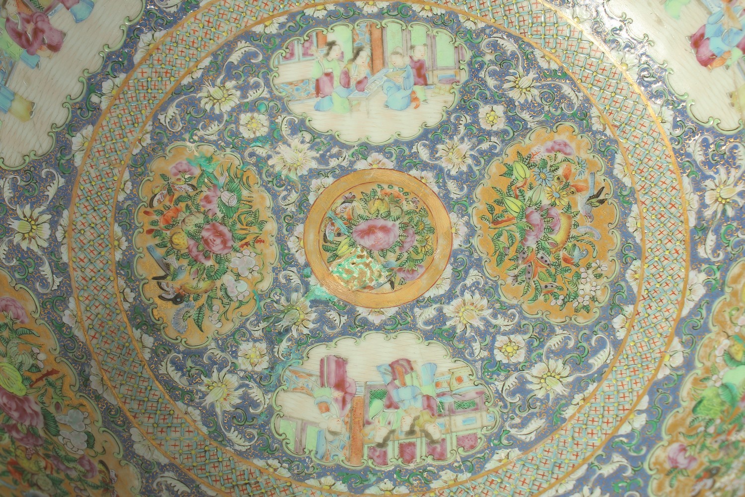 A VERY LARGE CHINESE BLUE GROUND FAMILLE ROSE PORCELAIN PUNCH BOWL AND UNDER-PLATE, enamel painted - Image 4 of 6