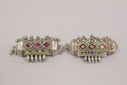 TWO YEMENI SOLID SILVER COLOURED GLASS INSET JEWELLERY PIECES, for necklaces, (2).