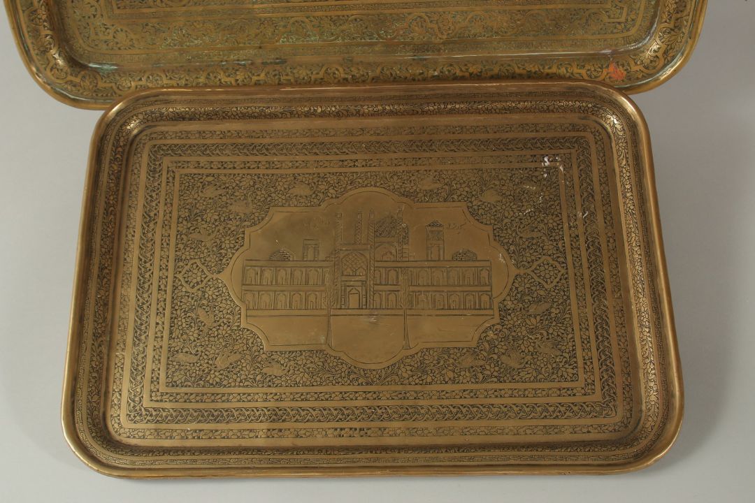 TWO 19TH CENTURY PERSIAN QAJAR ENGRAVED BRASS TRAYS, one depicting seated figures and musicians, the - Image 3 of 3