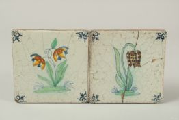 TWO 18TH CENTURY DELFT TILES, 13cm square each.
