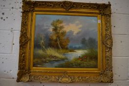 Rural river landscape with pheasants, oil on canvas in a decorative gilt frame.