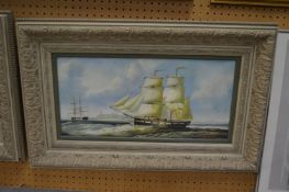 Sailing ships in a harbour, oil on canvas in a decorative frame, a pair.
