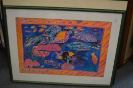After Ken Done, colour print of fish together with a Kenyan landscape, lithograph by Thelma