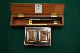 A horn box mounted with two hard stone covered hinged compartments together with a box containing