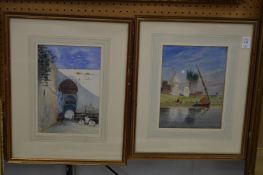 F S L, Arab figures in a sailing boat in a harbour, watercolour, initial and annotated together with