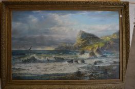 Mikhail Anatolyevich, large oil on canvas depicting a coastal view with seagulls, painting size 90cm