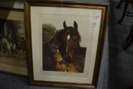 Two pictures depicting horses and a hunting scene together with two of dogs.