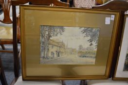 Henry James Sage, figures by a country cottage with a church beyond, watercolour, signed together