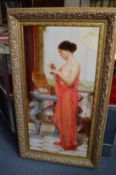A pair of classical female figures, oil on canvas in decorative frames.