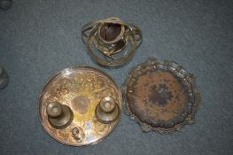 A pair of silver candlesticks, silver mounted cork and various plated items.