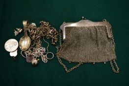 A ladies mesh handbag and various silver items.