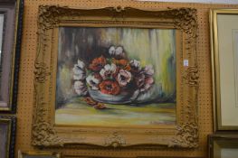 Still life of flowers in a bowl, oil on board in a decorative gilt frame.