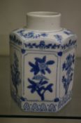 A Chinese blue and white hexagonal shaped vase or tea caddy.