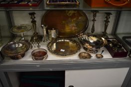 A quantity of plated wares to include candlesticks, trays etc.