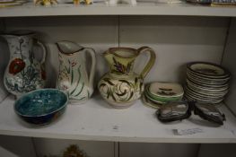 Decorative jugs, a Hancocks Titian Ware bowl, collection of Wade dishes decorated with early motor