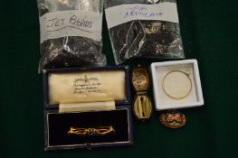 A bar brooch, boxed, gold rim eye glass, a micro mosaic brooch, an old ring box, jet beads and a