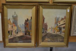 P Wood, cobbled street scene with a figure in a shop door way, watercolour together with another