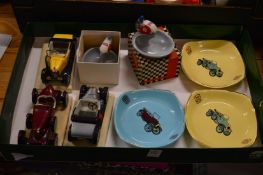 Three Carlton Ware pottery models of early cars together with two Wade porcelain TT motorbike
