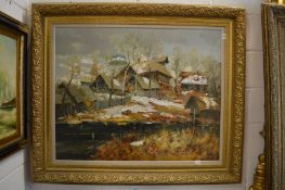 A large oil on canvas depicting Russian mountainous scene with buildings and trees.