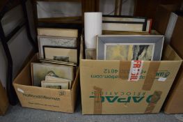 Two boxes of paintings and prints.