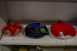 Three pieces of colourful Murano glass ware.