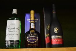 A bottle of Courvoisier brandy, one bottle of Remi Martin brandy and a litre bottle of Gordons gin.
