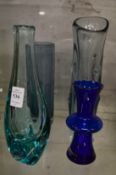 Four blue and turquoise mid century art glass vases.