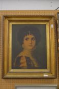 Bust length portrait of a young lady, oil over a print base on canvas in a gilt frame.