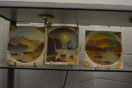 Three small oil paintings on board, unframed.