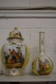 A large Augustus Rex jar and cover decorated with panels of figures and landcapes, rim repaired