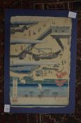 A Japanese coloured wood block print depicting figures in a landscape with a coastal landscape,
