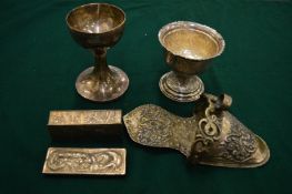 An Eastern white metal goblet with engraved decoration, a Chinese white metal bamboo decorated box