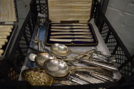 A cased set of six silver handled butter knives, a silver pepperette and various plated items.