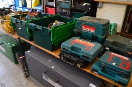 A large quantity of 110 volt tools with accessories to include transformers, cable reels etc.