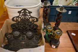 Art Nouveau inkwell, similar letter rack, pair of candlesticks and pair of binoculars.