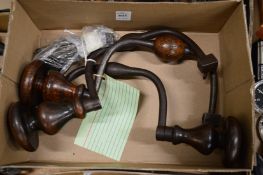 Three 'Six Penny' wood working braces with a collection of bits.