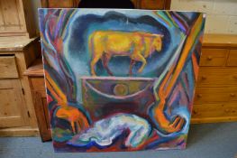 Large colourful abstract study of a bull on a plinth, oil on canvas, unframed.