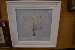 Decorative picture of a tree in snowy landscape, mixed media.