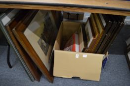 A quantity of paintings and prints and a book on advertising.