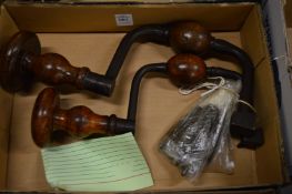 Two antique metal wood working braces by Peugeot Freres together with some steel bits.