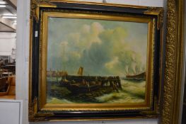 Coastal landscape with a sailing ship and a dingy, oil on canvas.