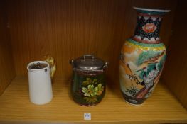 A Chinese vase, pottery biscuit barrel with plated mount and a Spode milk jug with cat handle.