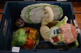 Pottery swan jardiniere and other china.
